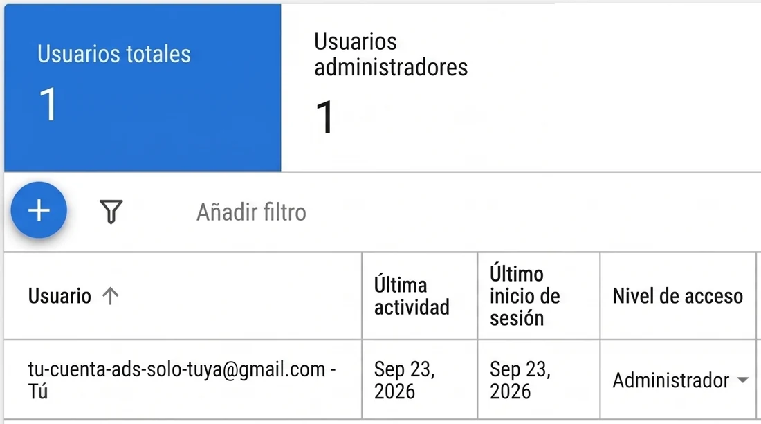 Acceso y seguridad de Google Ads: un único usuario, con nivel de acceso Administrador.